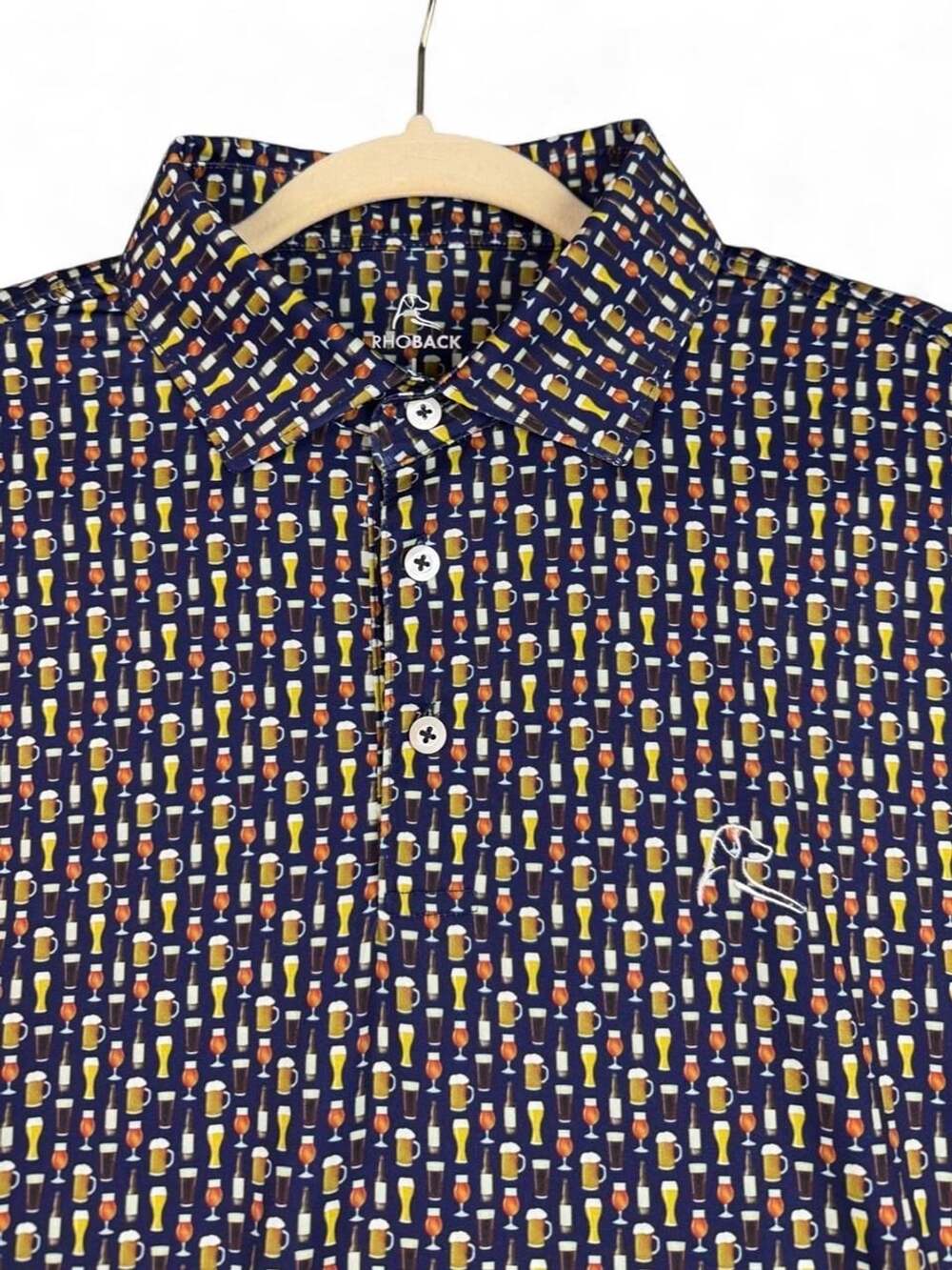 Rhoback Polo Shirt Size L Navy Blue Beer Print Performance Golf